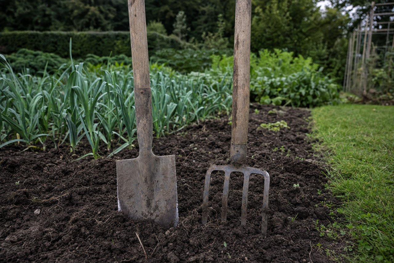 Spaten und Grabegabel stecken aufrecht in frisch gelockerter dunkler Gartenerde am Rand eines Gemüsebeets