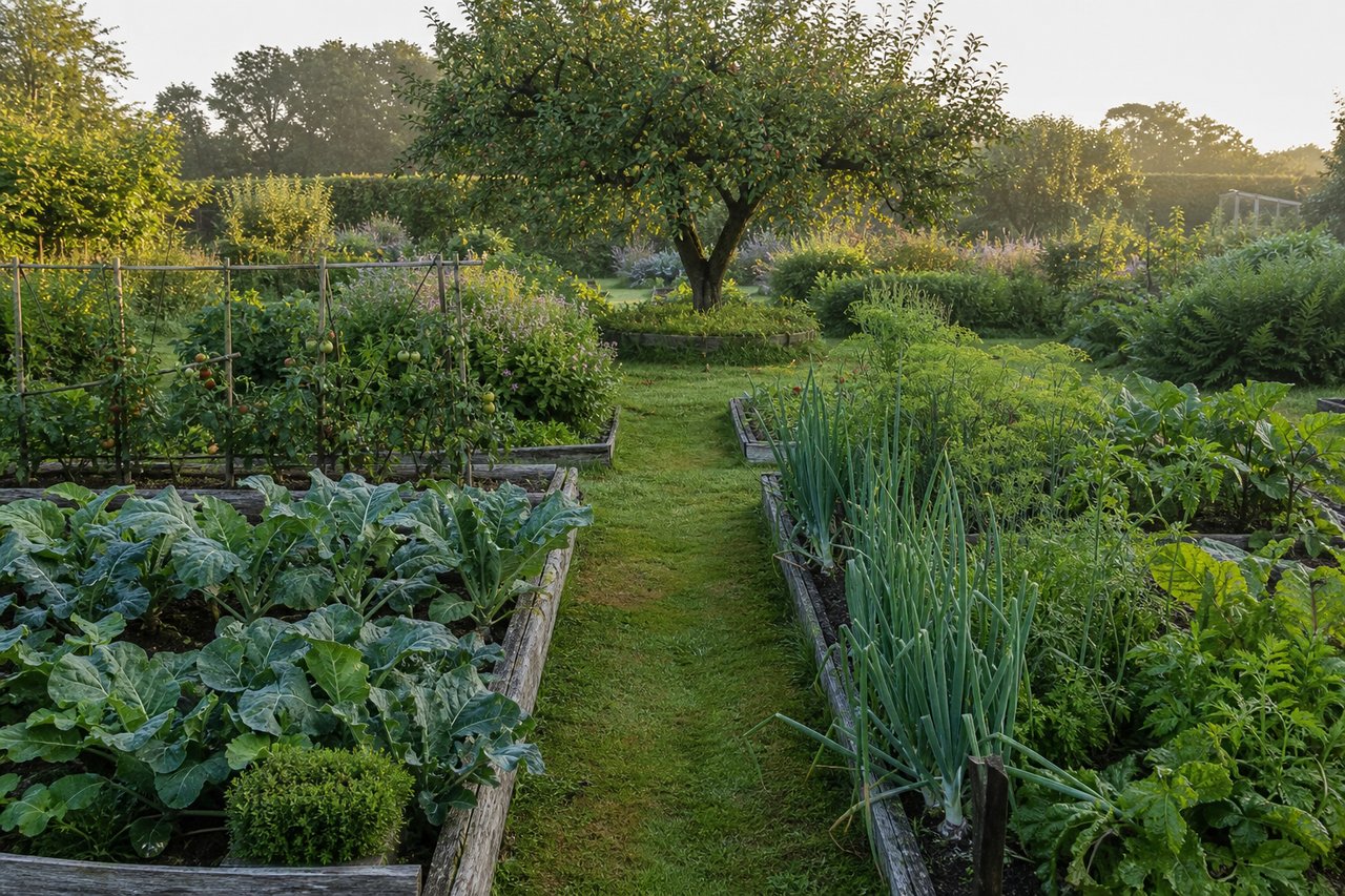 Küchengarten mit rechteckigen Beeten, Gemüsereihen und einem schmalen Grasweg im Morgenlicht