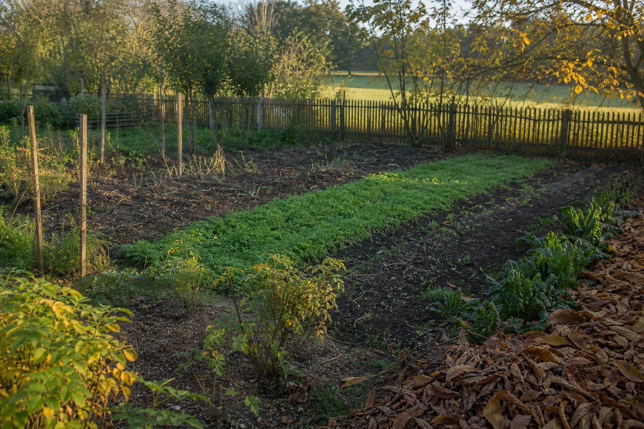 Garten im Frühherbst mit teilweise abgeräumten Beeten, einer Gründüngung und zusammengerechtem Laub