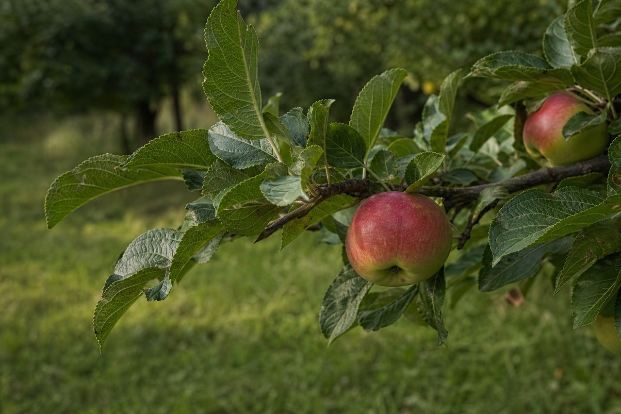 Apfelzweig mit reifen rotgrünen Früchten, dahinter unscharfes Obstwiesengras