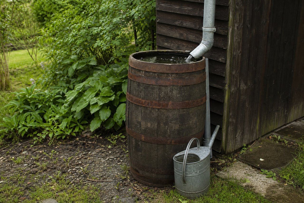 Hölzerne Regentonne am Fallrohr einer Gartenhütte, daneben eine Gießkanne