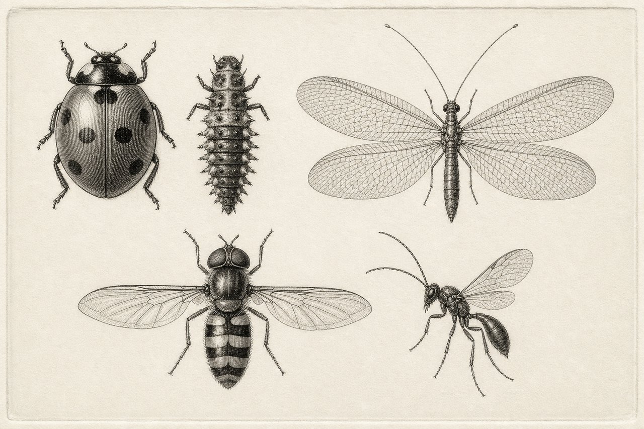 Gestochene Tafel: Marienkaefer, Florfliege und Schwebfliege als Einzelpraeparate mit Larvenstadien